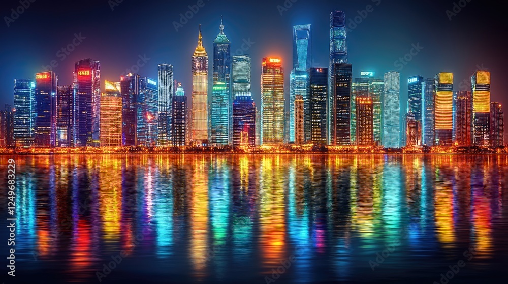 Obraz premium Vibrant City Skyline Reflects in Water at Night