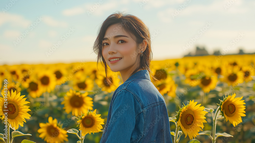 Woman in a denim jacket standing in a field of bright yellow sunflowers. Woman in a denim jacket standing in a field of bright yellow sunflowers.