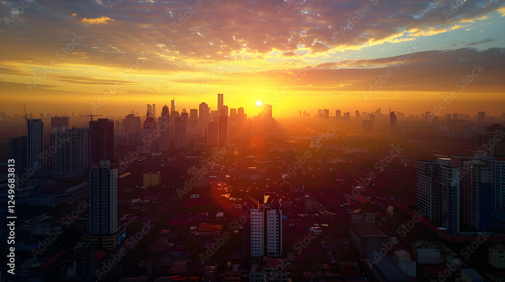Fototapeta premium Panoramic Cityscape During Golden Hour with Skyscraper Silhouettes and Warm Sunset