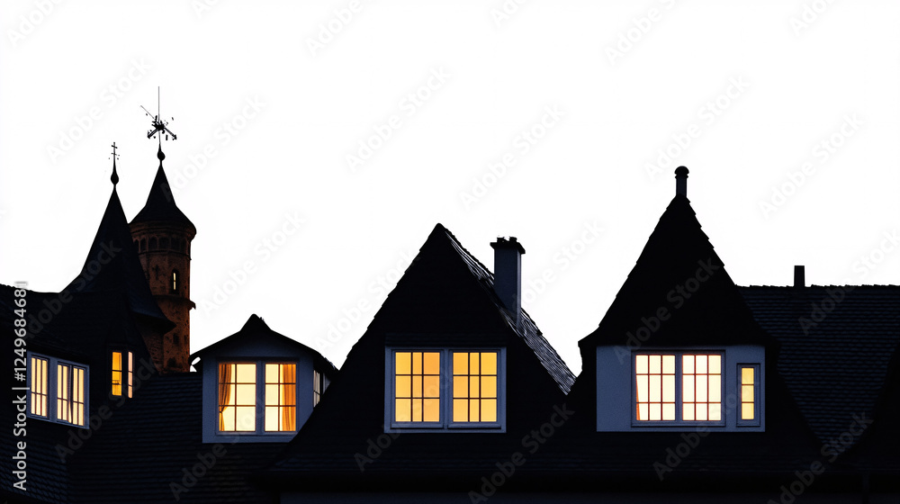 Obraz premium Traditional village rooftops with dormer windows emitting warm light against a high-contrast white background 