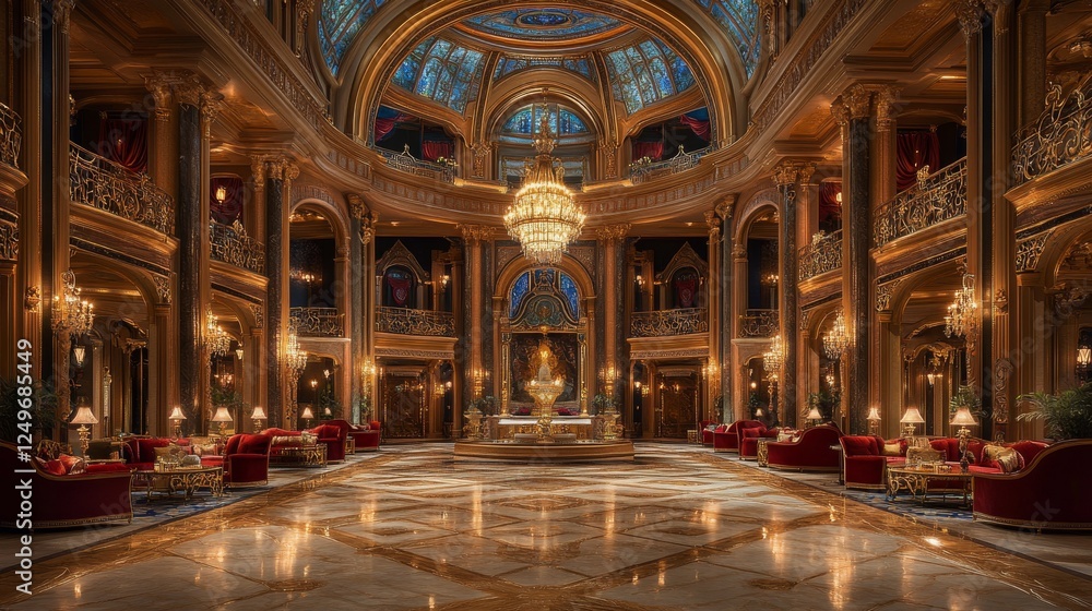 Obraz premium Opulent Grand Ballroom: A Glimpse into Timeless Elegance with Sparkling Chandeliers, Red Velvet Seating, and Exquisite Architectural Detailing in a Palace Interior.