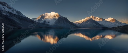 A stunning view of white capped mountains reflecting nicely on the surface of a tranquil lake where natures beauty awes all who gaze