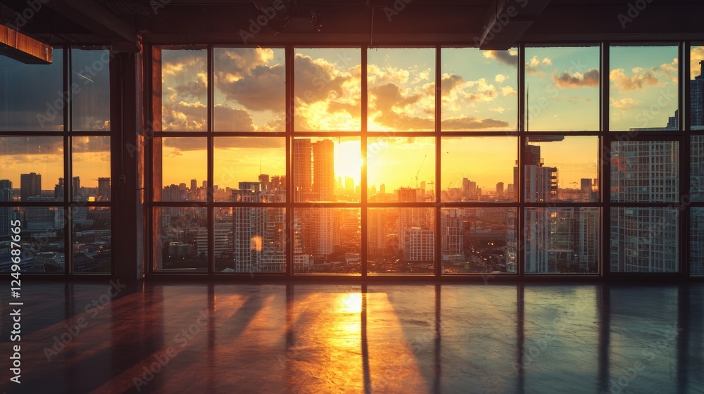 Fototapeta premium Sunset Cityscape from a Modern Loft Window