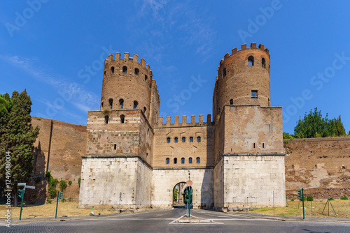 The well preserved porta San Sebastiano (Porta Appia) on Via Appia is the largest gate passing through the Aurelian Walls in Rome, Italy photo