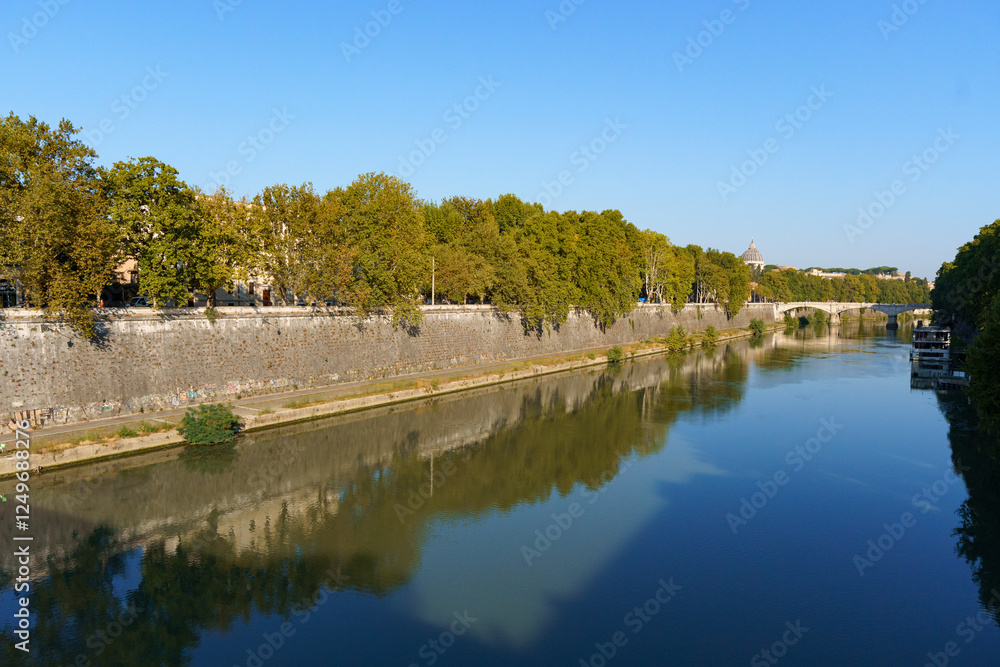 Obraz premium View on Tiber river from Ponte Vittoria Emanuele II with the dome of Tomba di Francesco Borromini visible in the background