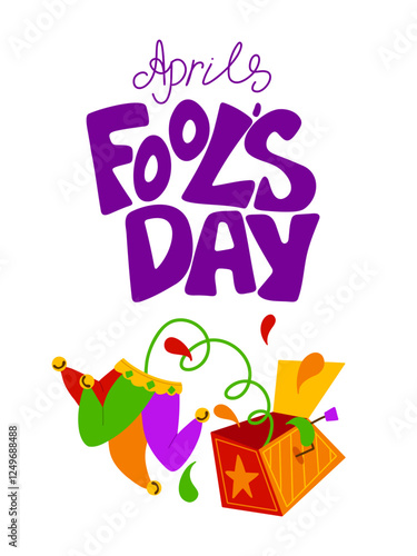 April Fool's Day vertical poster template. Vector Illustration with hand writing lettering and hand drawn jack in the box. Party invitation. Flyer, poster, brochure, card, banner