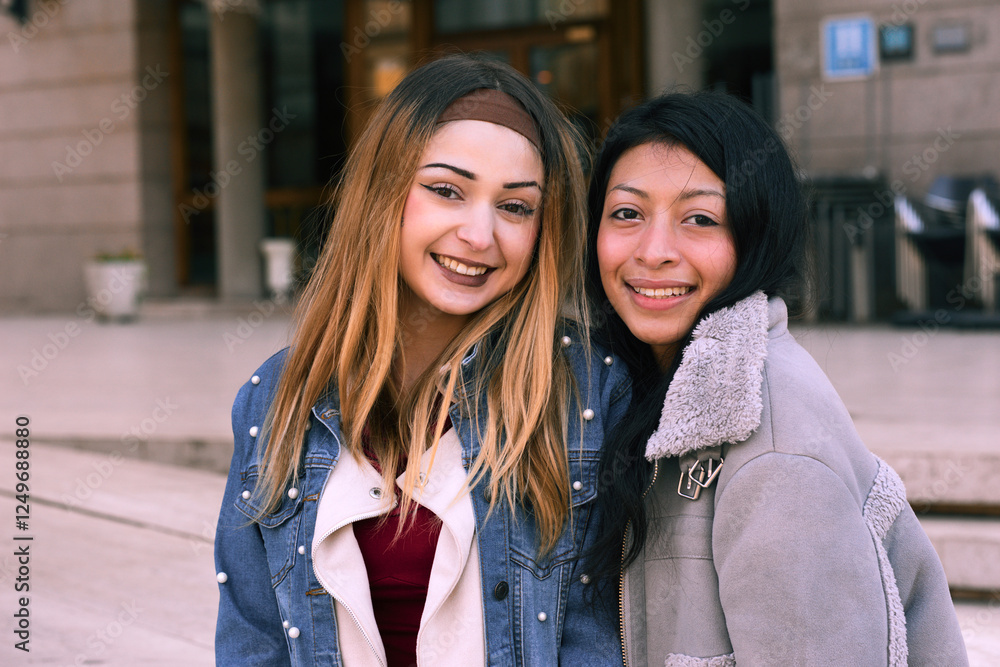 Friends enjoying a sunny day outside a building in a vibrant city setting Friends enjoying a sunny day outside a building in a vibrant city setting