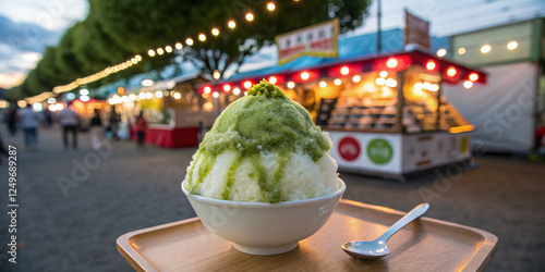 A bowl of fluffy kakigori shaved ice topped with condensed milk and matcha syrup, served with a small spoon in a summer festival setting