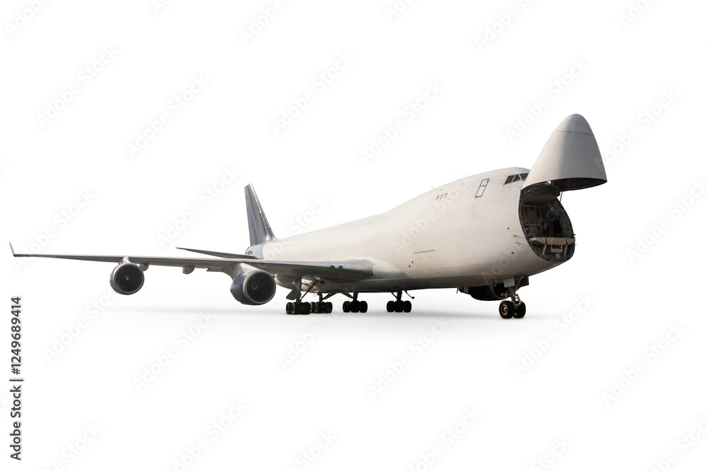 Wide body cargo transport airplane with an open nose hatch isolated Wide body cargo transport airplane with an open nose hatch isolated