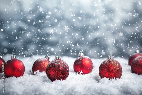 A group of red heart-shaped baubles are placed on top of a snowy ground, creating a festive and cheerful scene perfect for Christmas decorations.
