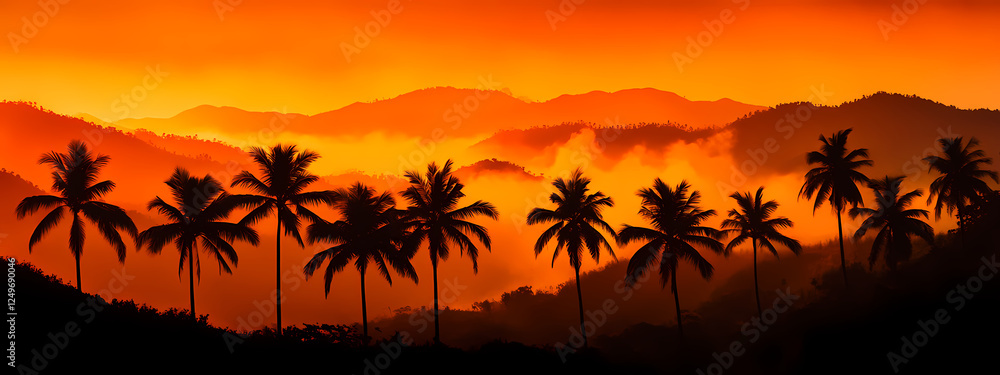 Obraz premium Silhouetted Palm Trees Against Fiery Sunset