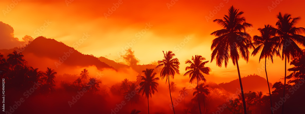 Silhouetted Palm Trees Against Fiery Sunset Silhouetted Palm Trees Against Fiery Sunset