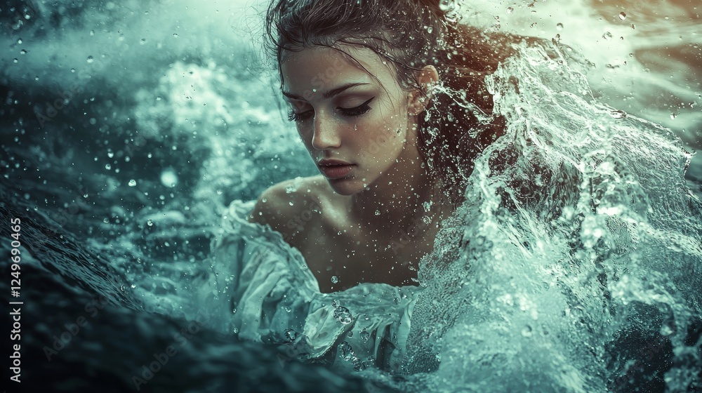 Obraz premium Enigmatic Beauty Emerging from the Ocean's Embrace: A Mystical Water Nymph