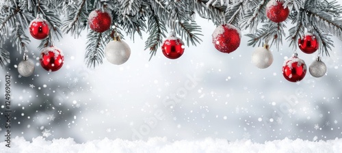 Christmas frame with tree pine, spruce branch and red Christmas balls on white background for banner with copy space. Flat lay, top view. New Year holiday background.