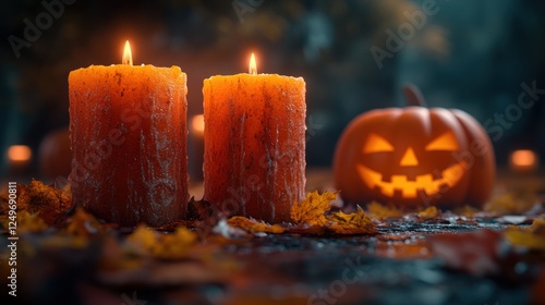 Halloween candles, Jack-o'-lantern, autumn leaves, spooky forest background photo