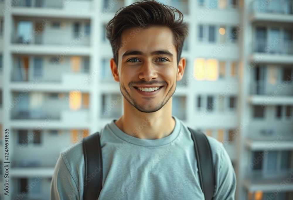 Happy male portrait in a modern apartment building background Happy male portrait in a modern apartment building background