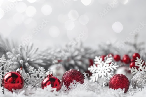 A group of red heart-shaped baubles are placed on top of a snowy ground, creating a festive and cheerful scene perfect for Christmas decorations.