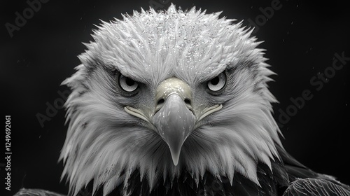 Close-up of an eagle's head, fierce stare, dark background, possible use for nature/wildlife photo