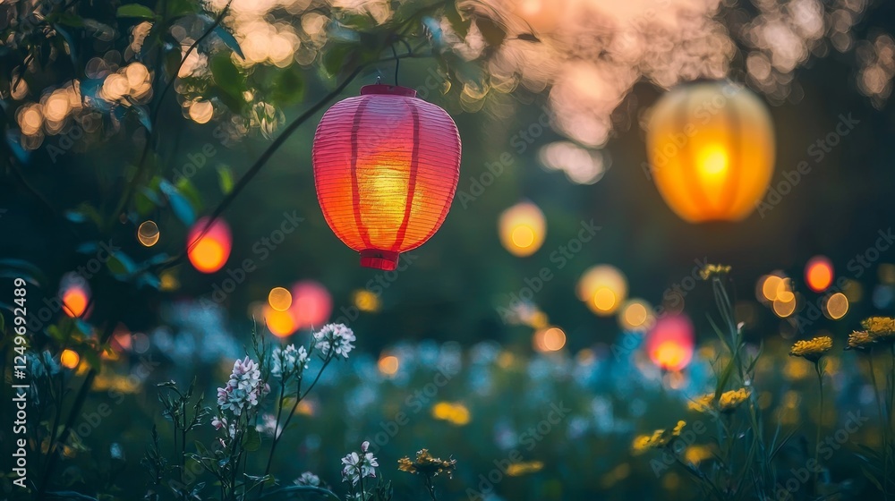 Fototapeta premium Enchanted Evening: Illuminated Garden at Dusk
