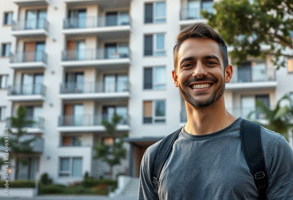 Serene modern apartment building with a happy male Serene modern apartment building with a happy male