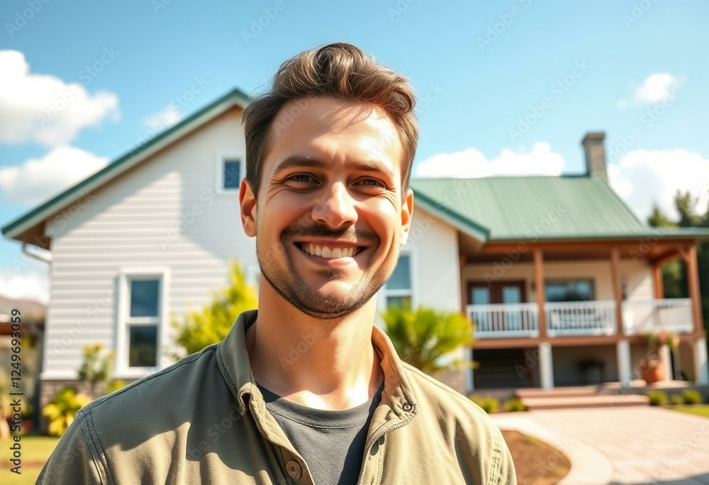 Fototapeta premium Happy male portrait in front of a modern house with a sunny garden