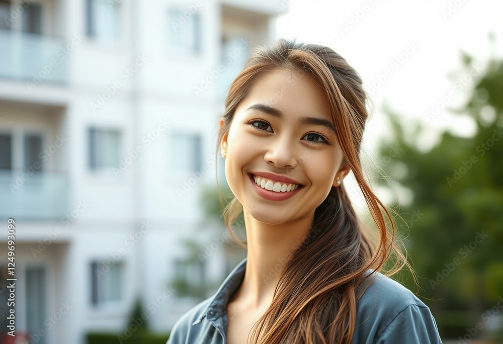 Happy female portrait in front of a residential apartment building Happy female portrait in front of a residential apartment building