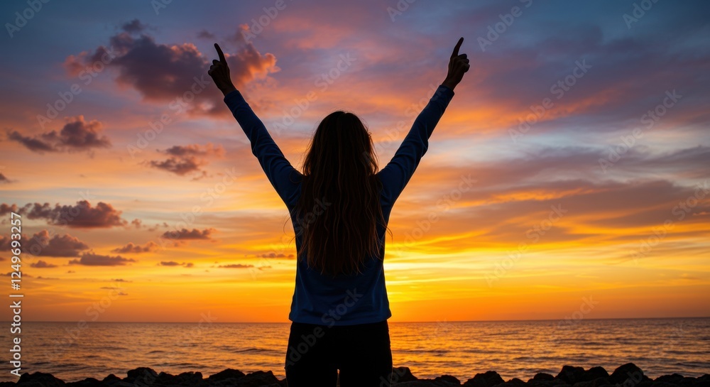 Fototapeta premium A silhouette of a woman standing with her arms raised in triumph against a vibrant sunset backdrop the woman is facing away from the viewer standing on a rocky outcrop with the ocean freedom