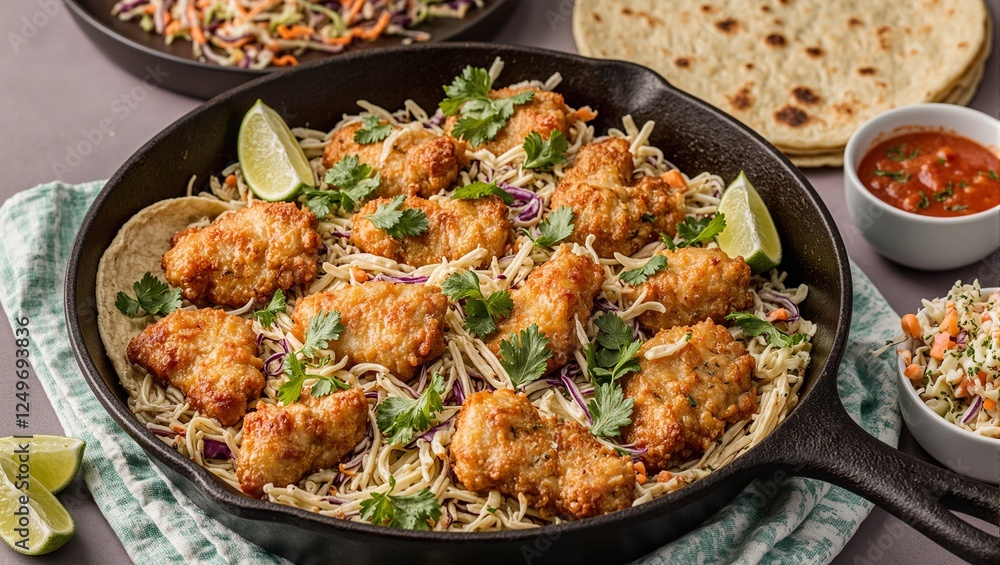 Delicious crispy fish tacos in a rustic kitchen setting showcasing fresh ingredients and vibrant colors Perfect for food and culinary concepts Delicious crispy fish tacos in a rustic kitchen setting showcasing fresh ingredients and vibrant colors Perfect for food and culinary concepts