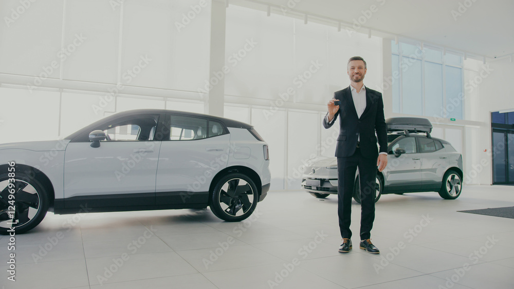Stylish Caucasian male in black suit standing in middle of car dealership. Showing to camera keys to modern cars. Smiling while promoting sales. Tall windows in blurred background. Stylish Caucasian male in black suit standing in middle of car dealership. Showing to camera keys to modern cars. Smiling while promoting sales. Tall windows in blurred background.