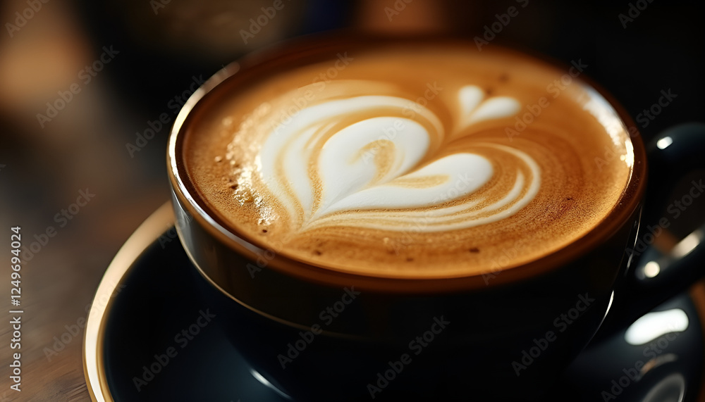 Close-up of a beautifully crafted latte art in a dark coffee cup on a wooden table
Close-up of a beautifully crafted latte art in a dark coffee cup on a wooden table