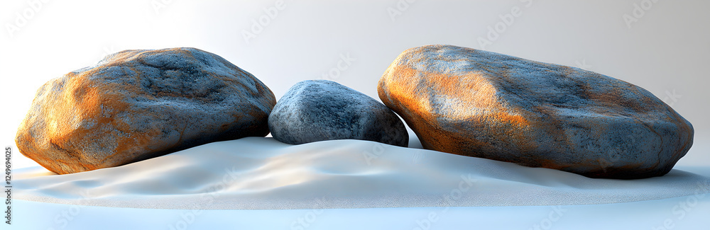 Natural Stone Rocks on Smooth White Sand, Realistic Texture of Weathered Boulders for Nature and Landscape Concepts Natural Stone Rocks on Smooth White Sand, Realistic Texture of Weathered Boulders for Nature and Landscape Concepts
