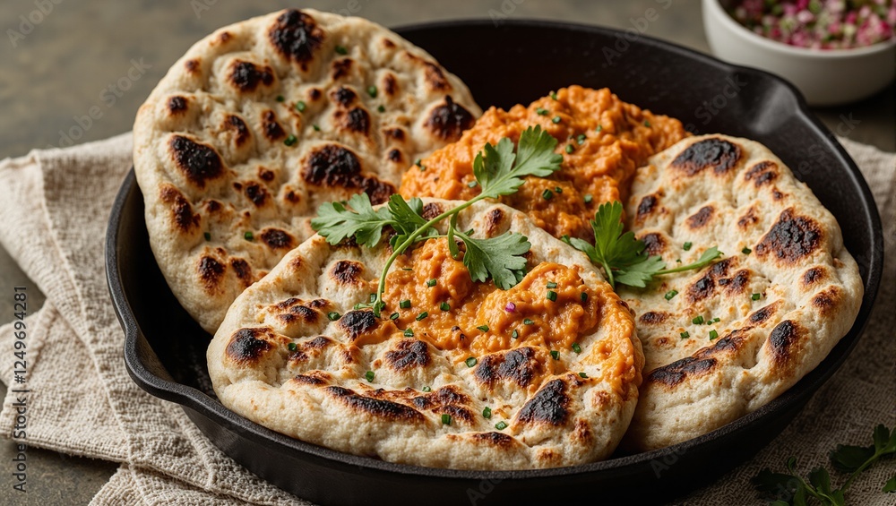 Delicious naan bread in a cast iron skillet with butter chicken and cilantro Traditional Indian cuisine Delicious naan bread in a cast iron skillet with butter chicken and cilantro Traditional Indian cuisine