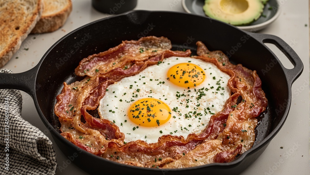 Delicious breakfast spread with crispy bacon eggs toast and avocado in a rustic cast iron skillet Perfect for food blogs or menus Delicious breakfast spread with crispy bacon eggs toast and avocado in a rustic cast iron skillet Perfect for food blogs or menus