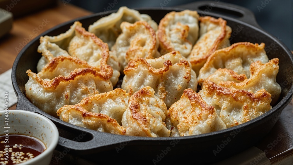 Delicious pan fried dumplings with golden crispy edges served with soy dipping sauce and sesame seeds A mouth watering Asian cuisine image Delicious pan fried dumplings with golden crispy edges served with soy dipping sauce and sesame seeds A mouth watering Asian cuisine image