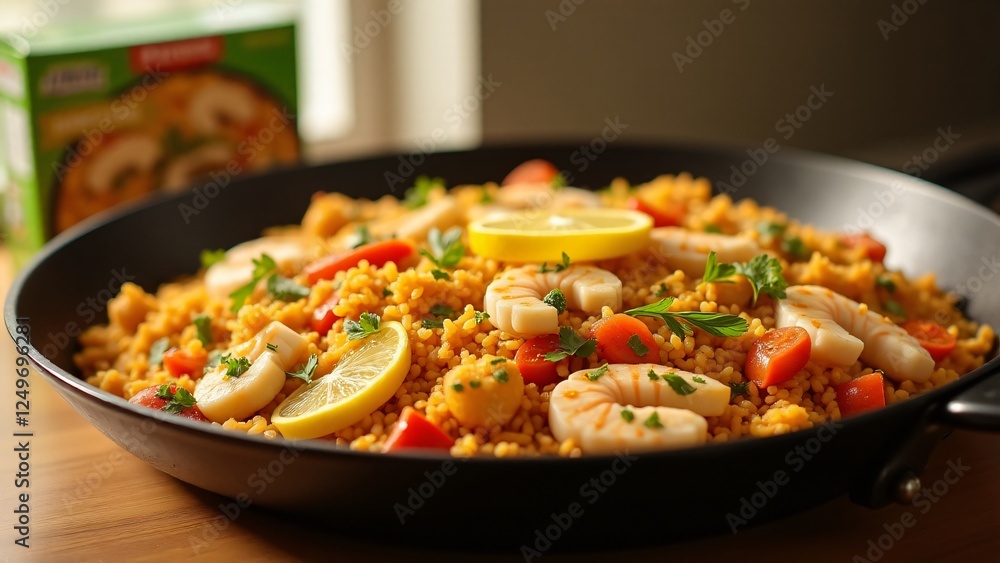 A frozen paella in a skillet, featuring colorful seafood, chicken, vegetables, and rice, ready to cook with vibrant garnishes, offering a quick and convenient meal for any occasion. A frozen paella in a skillet, featuring colorful seafood, chicken, vegetables, and rice, ready to cook with vibrant garnishes, offering a quick and convenient meal for any occasion.