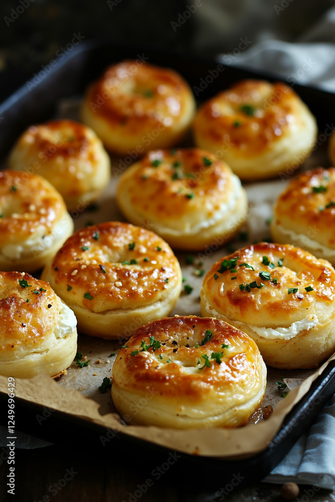 Fototapeta premium A tray of bagels with cheese and herbs on top of them
