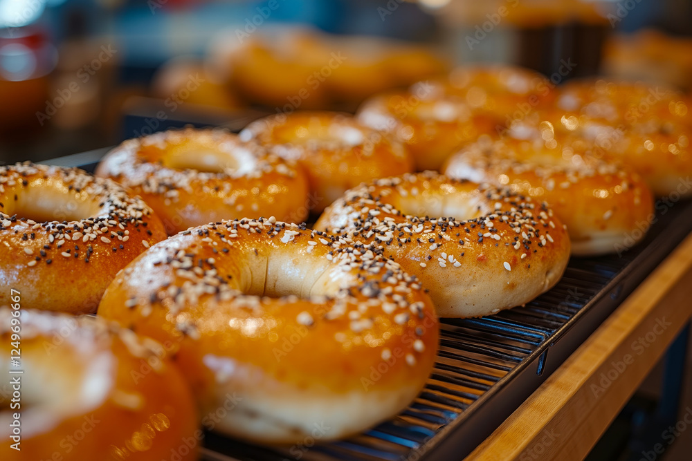 A bunch of bagels sitting on top of a metal rack A bunch of bagels sitting on top of a metal rack