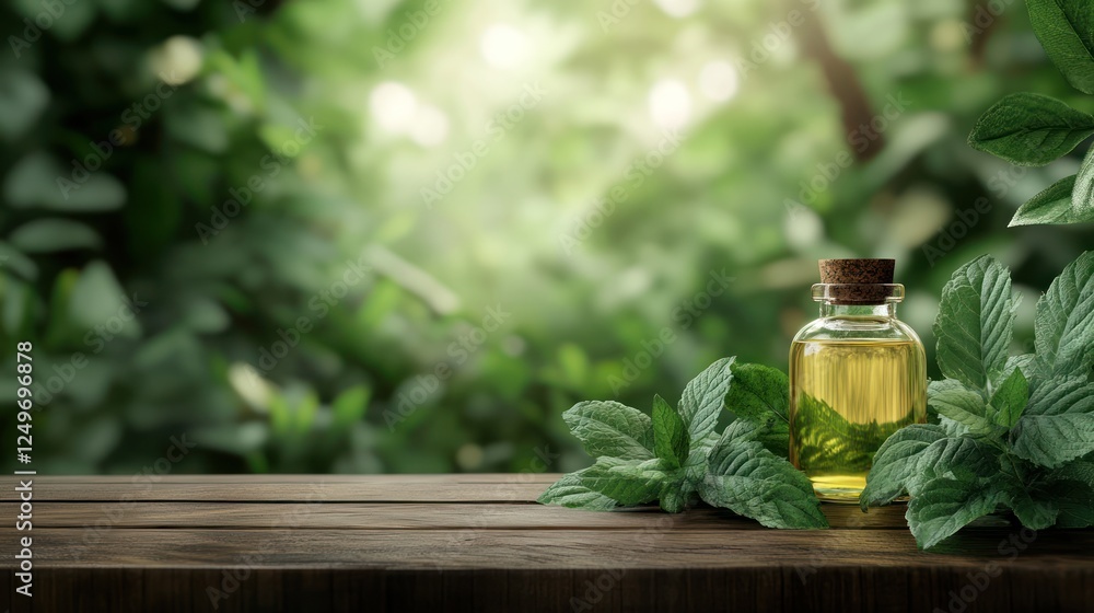 Mint oil bottle on wooden table in garden setting Mint oil bottle on wooden table in garden setting