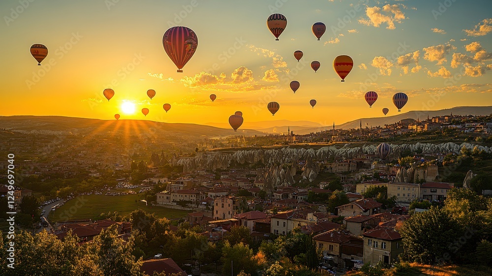 Naklejka premium Hot air balloons soar over a scenic landscape at sunset.