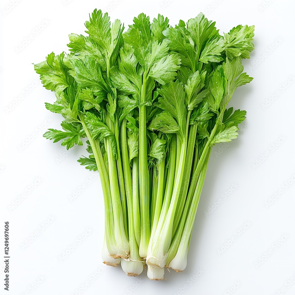 Close-up of fresh celery stalks isolated on a white background, perfect for health and wellness concepts Close-up of fresh celery stalks isolated on a white background, perfect for health and wellness concepts