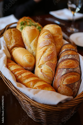 A basket filled with lots of different types of bread on a table