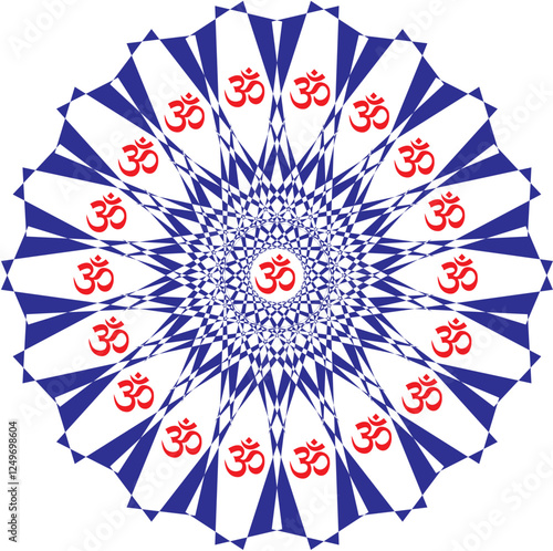 Openwork mandalas of blue color with red signs Aum, Om, Ohm. Vector graphics
