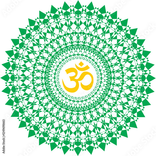 Openwork mandalas of green color with yellow signs Aum / Om / Ohm. Vector graphics.