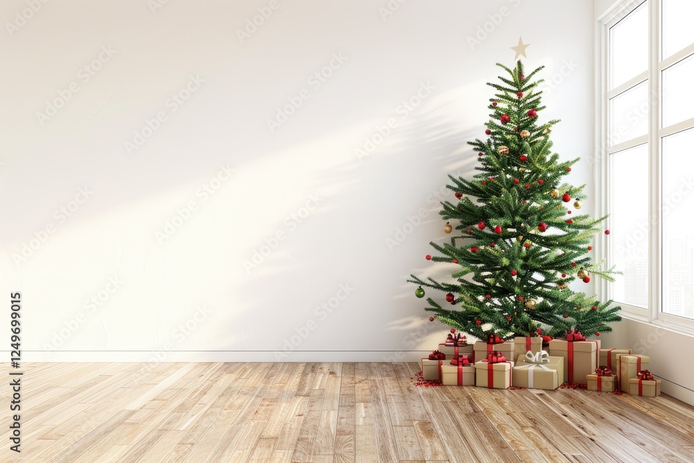 Christmas gift boxes with golden ribbons, christmas tree Christmas gift boxes with golden ribbons, christmas tree