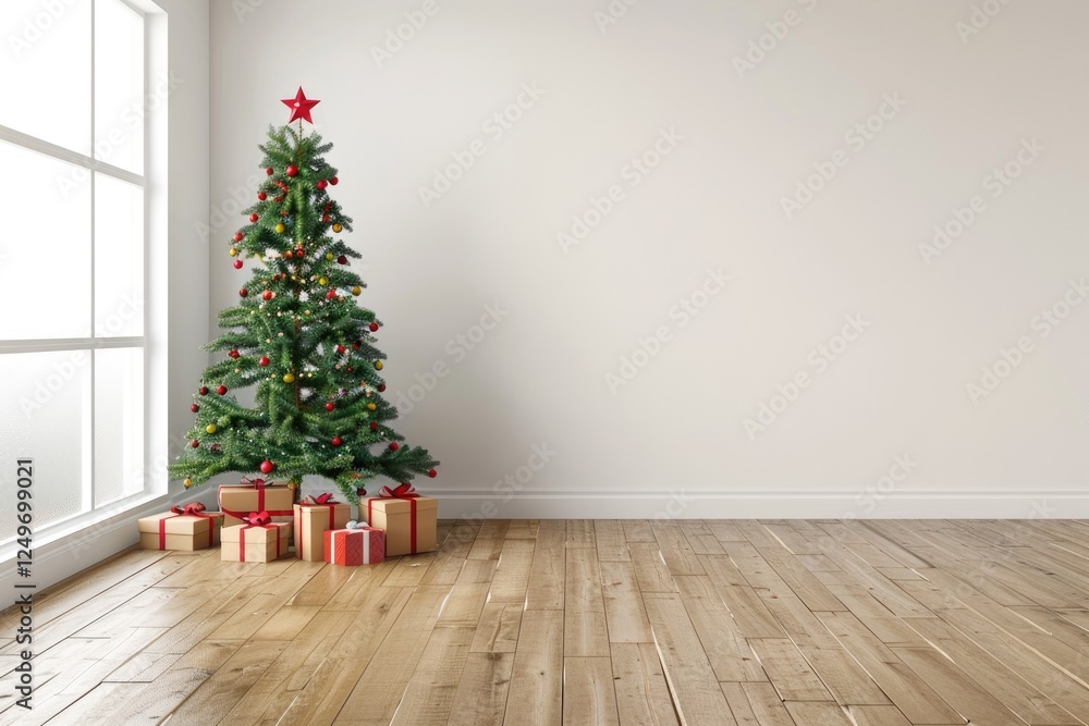 Christmas gift boxes with golden ribbons, christmas tree Christmas gift boxes with golden ribbons, christmas tree