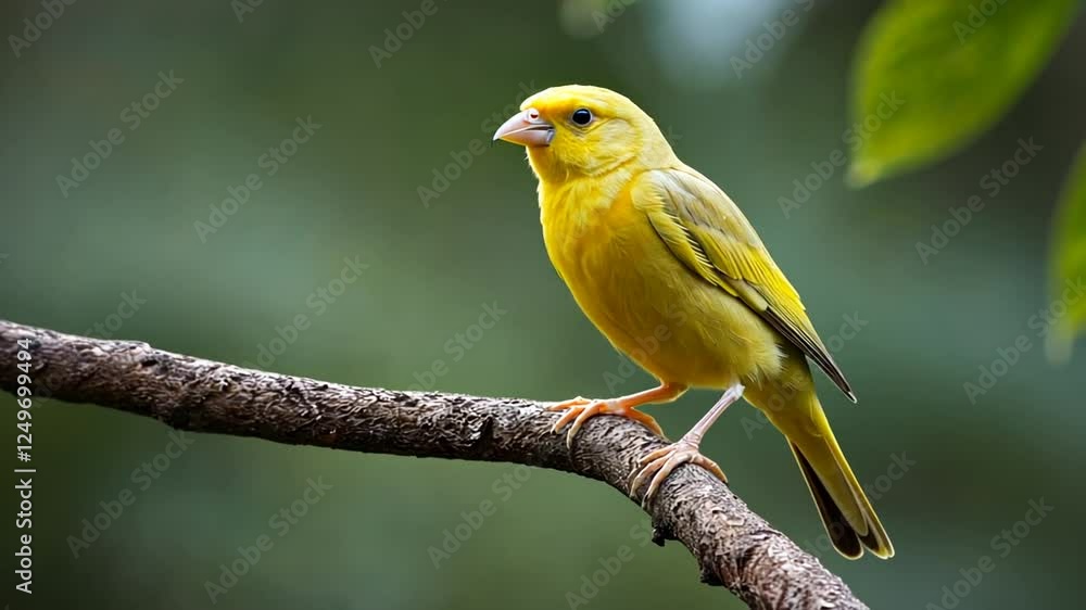 A vibrant yellow canary perched peacefully on a tree branch in the lush forest 