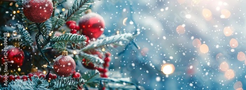 A Christmas tree decorations, red ornaments outdoors in the city, blurred festive background, as snowflakes gently fall. This scene is presented as a banner with copy space