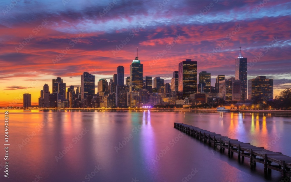 Fototapeta premium City skyline reflections at sunset over calm waters with vibrant colors in the sky showcasing a bustling urban environment. Generative AI