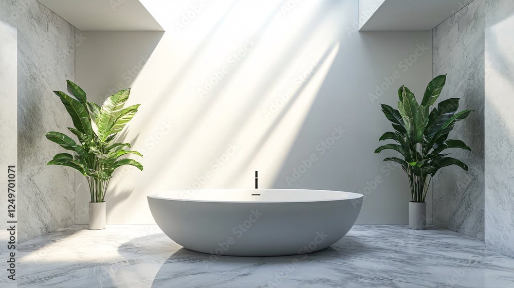 Fototapeta premium Luxurious bathroom with a freestanding bathtub, marble floors, and soft lighting, copy space