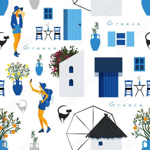 Seamless pattern of scenes and architectural and ornamental elements typical of the Greek islands and young tourists